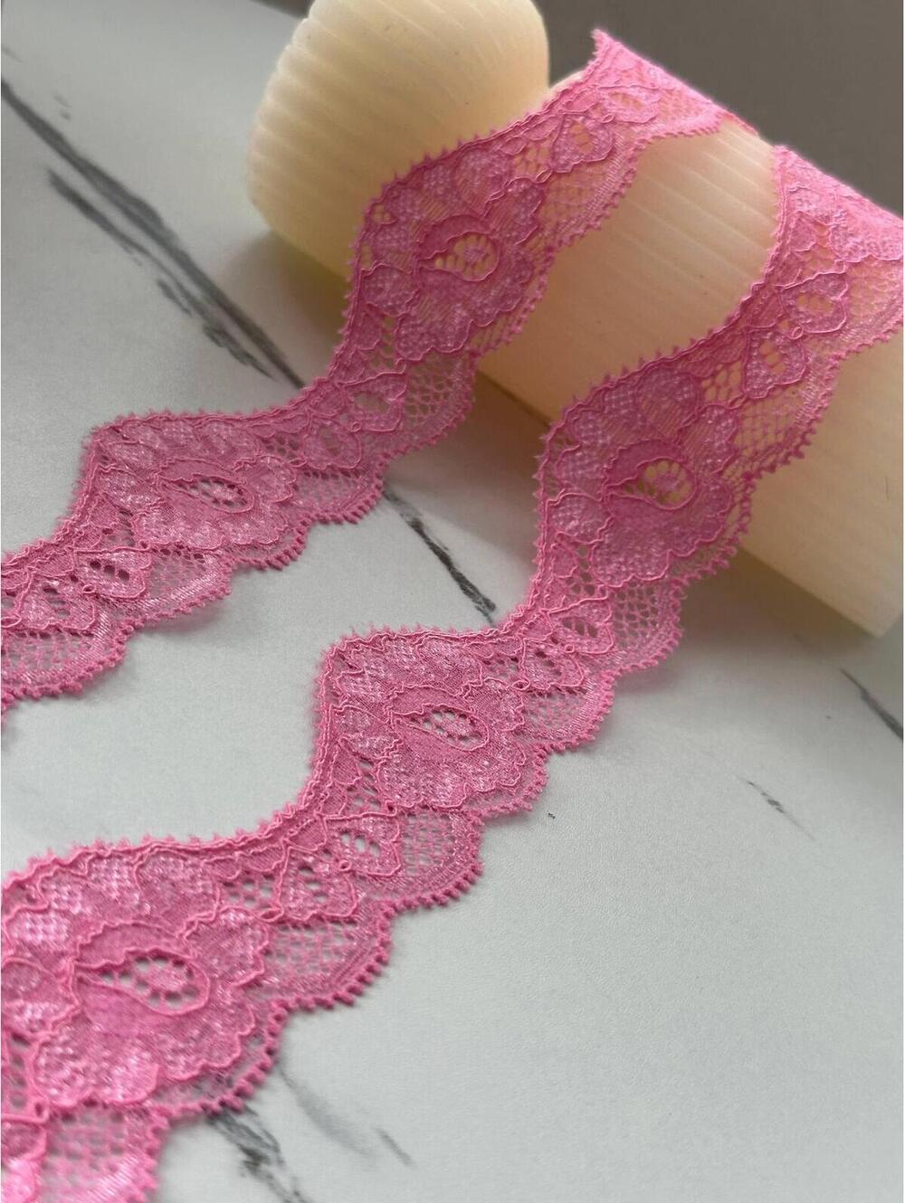 10Yds Stretch 1.4" Pink Wavy Scalloped Floral Stretch Lace Trim Wholesale